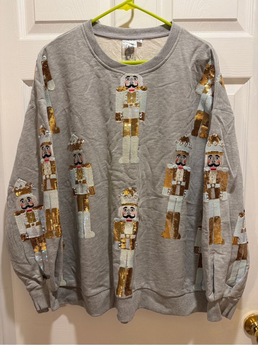 QUEEN OF SPARKLES Gray Sequin Nutcracker Crewneck Sweater